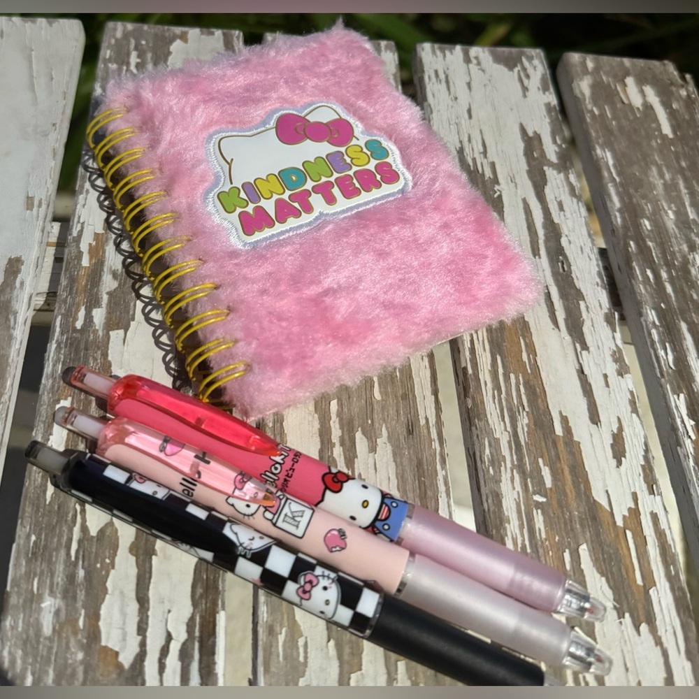 Hello Kitty Fuzzy Mini Spiral Journal Lined Kindness 3 Pens Pencils by Sanrio